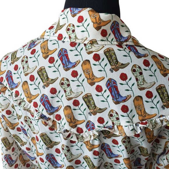 Sandro Cowboy Boot Print Belted Midi Shirt Dress Bootseen Western Cowgirl - Picture 8 of 16